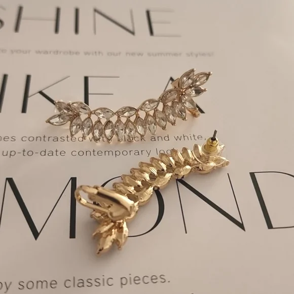 CZ MARQUISE Faceted Gold Statement Cuff Climbing Earrings Wedding Bridal - Picture 11 of 13